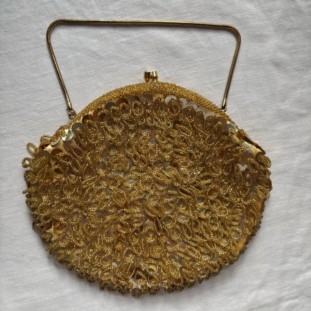 Vintage 50’s Gold Hand Beaded & Sequin Evening bag-metal clasp and chain strap.